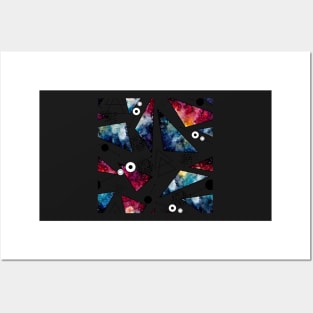 Watercolor Colorful Nebula, Triangles, Lines and Black Dots Posters and Art